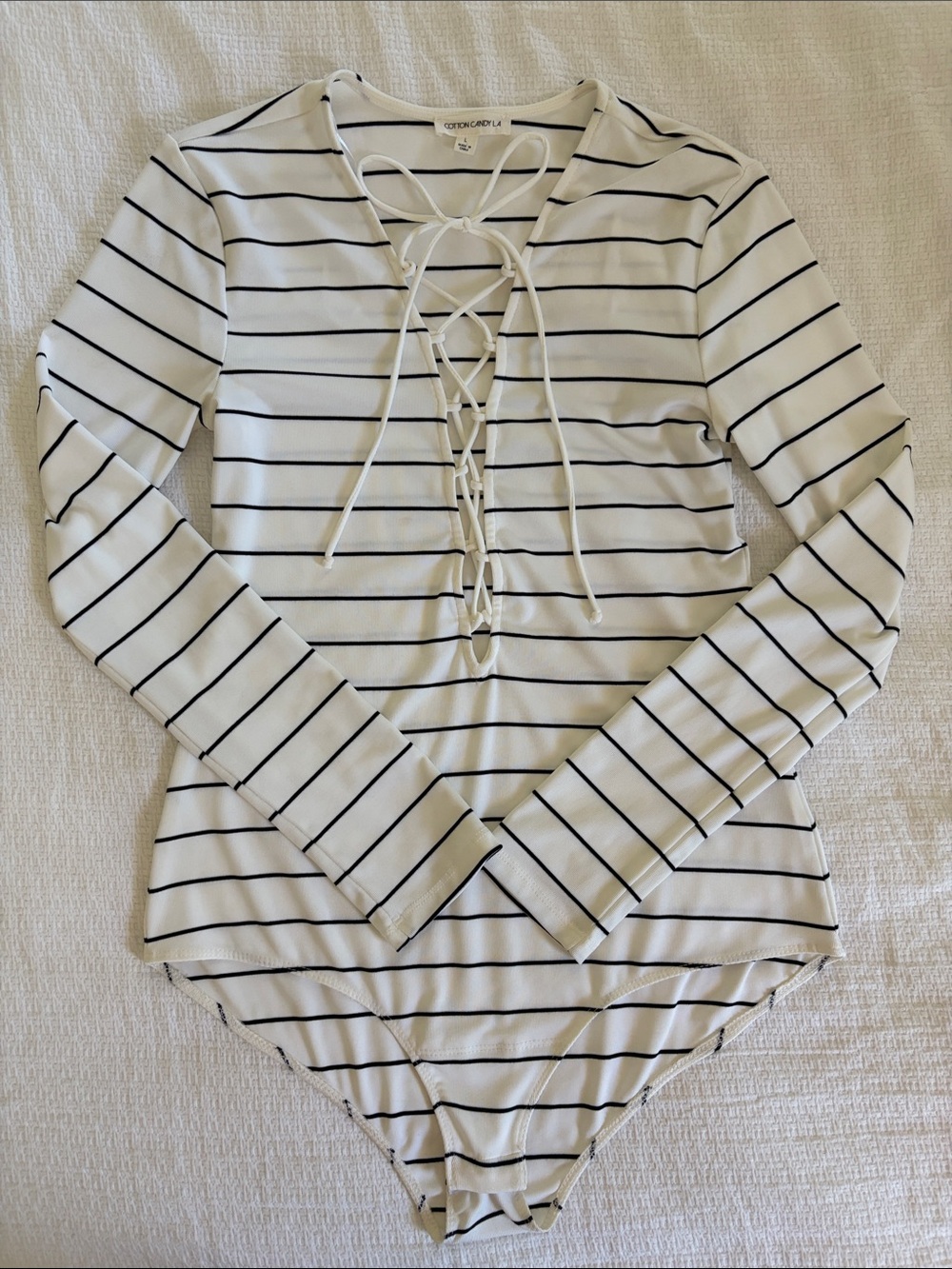 Cotton Candy LA White Stripe Lace-Up Long Sleeve Bodysuit